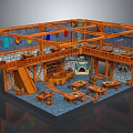Medieval Tavern Interior With Wooden Structure Stone Walls Tables Fireplace And Tapestries