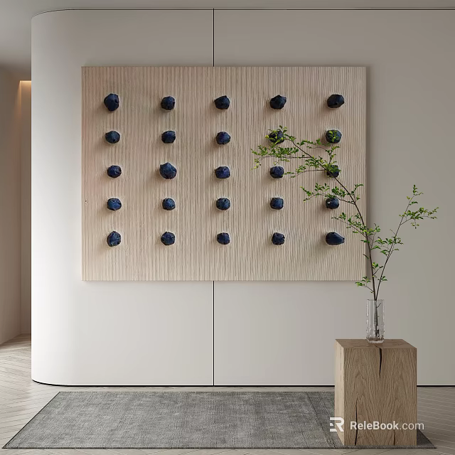 Wooden Panel With Blue Circular Decorations And Green Leafy Branches In Vase On Stand 3d model 