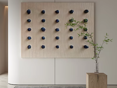 Wooden Panel With Blue Circular Decorations And Green Leafy Branches In Vase On Stand 3d model