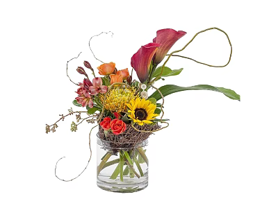 Colorful Flower Arrangement in Glass Vase with Sunflower and Calla Lily 3d model
