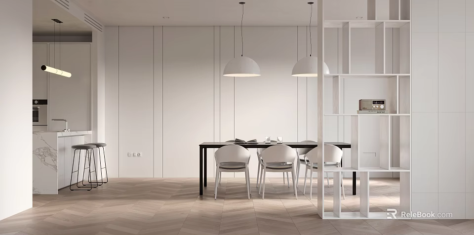 Modern Dining Room With Table Chairs Pendant Lights And Herringbone Floor 3d model