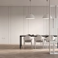Modern Dining Room With Table Chairs Pendant Lights And Herringbone Floor 3d model