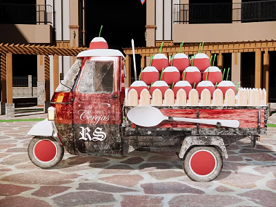 Mobile Gelato Vending Tricycle With Red Topped Ice Cream Cones And Wooden Spoons 3d model