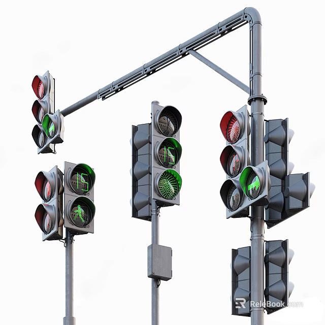 Multiple Outdoor Traffic Signal Lights With Green Arrow At Road Intersection Pole Mounted 3d model 