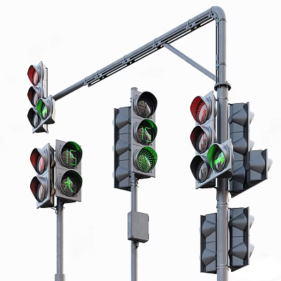 Multiple Outdoor Traffic Signal Lights With Green Arrow At Road Intersection Pole Mounted 3d model