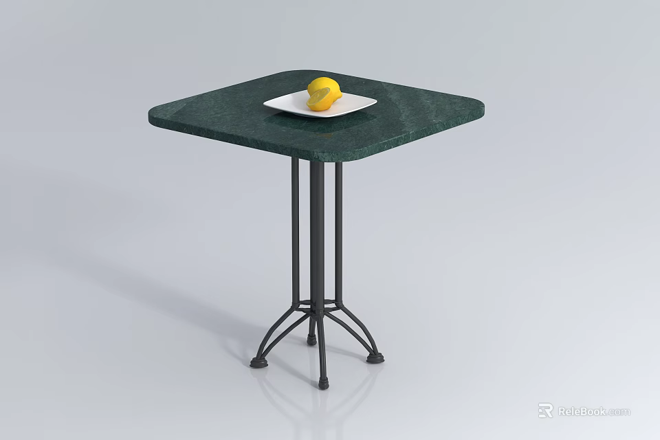 Green Marble Coffee Table With Black Metal Legs And White Plate Holding Yellow Lemon 3d model 