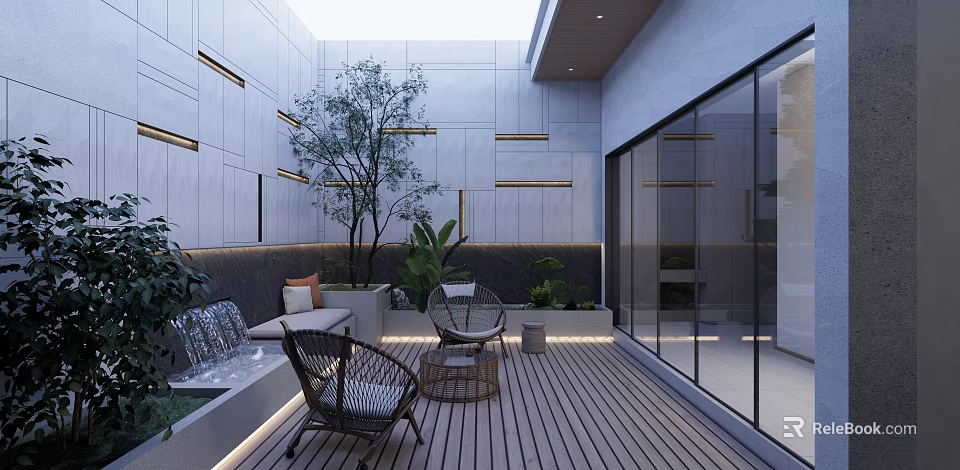 Modern Courtyard Garden With Wooden Deck Wicker Chairs Green Plants And Small Fountain 3d model 