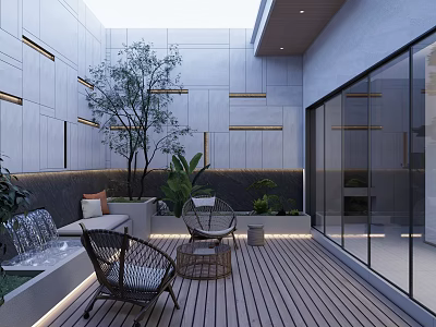 Modern Courtyard Garden With Wooden Deck Wicker Chairs Green Plants And Small Fountain 3d model