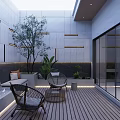 Modern Courtyard Garden With Wooden Deck Wicker Chairs Green Plants And Small Fountain