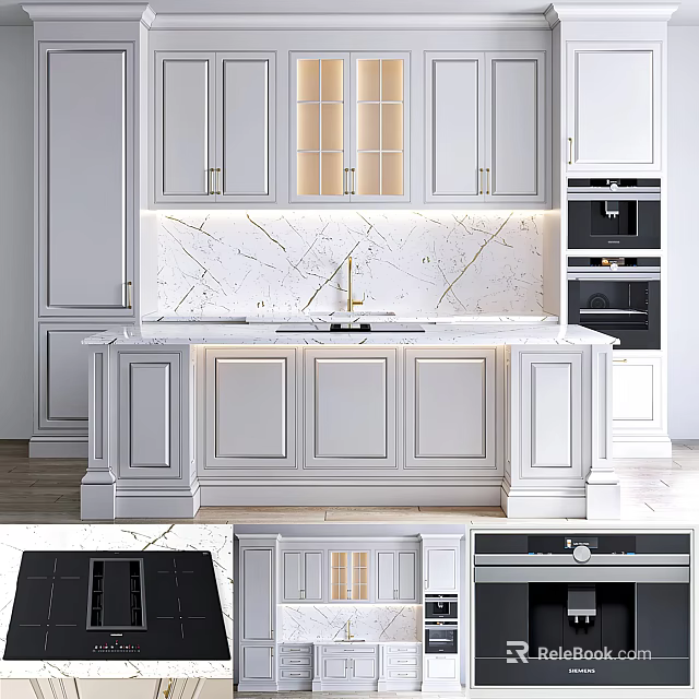 Elegant White Kitchen Cabinets With Glass Doors And Marble Countertop Modern Interior 3d model 