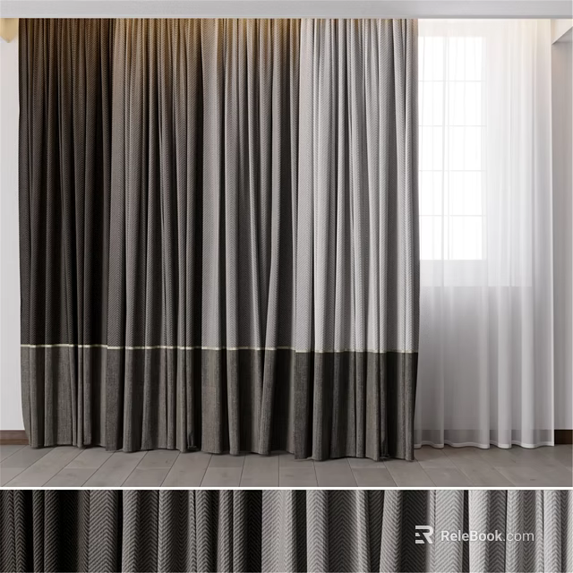 Elegant Gray Curtains With Gold Trim And White Sheer For Window Decoration 3d model 