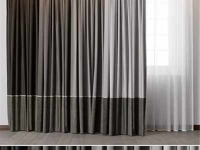 Elegant Gray Curtains With Gold Trim And White Sheer For Window Decoration 3d model