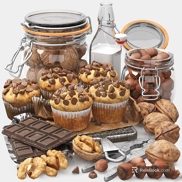 Fresh Chocolate Chip Muffins with Nuts and Cookies by Milk Bottle and Chocolate Chunks 3d model 