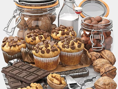 Fresh Chocolate Chip Muffins with Nuts and Cookies by Milk Bottle and Chocolate Chunks 3d model