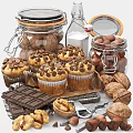 Fresh Chocolate Chip Muffins with Nuts and Cookies by Milk Bottle and Chocolate Chunks