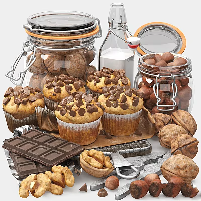 Fresh Chocolate Chip Muffins with Nuts and Cookies by Milk Bottle and Chocolate Chunks 3d model
