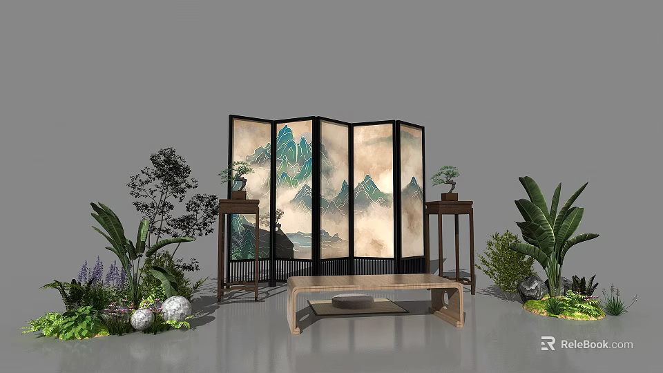 Traditional Chinese Interactive Area With Folding Screen Landscape Painting Green Plants And Wooden Bench 3d model 