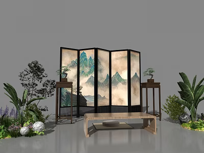 Traditional Chinese Interactive Area With Folding Screen Landscape Painting Green Plants And Wooden Bench 3d model