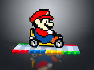 Pixel Art Character In Red Hat Driving Yellow Kart On Colorful Platform 3d model