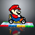 Pixel Art Character In Red Hat Driving Yellow Kart On Colorful Platform