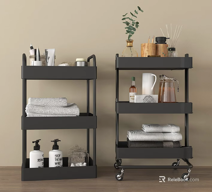Black Rolling Multi-tier Bathroom Storage Shelving Unit with Towels Toiletries and Decorative Plants 3d model 