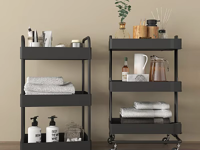 Black Rolling Multi-tier Bathroom Storage Shelving Unit with Towels Toiletries and Decorative Plants 3d model