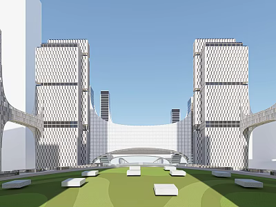 Modern Office Buildings With Two Tall Structures Connected By Bridge Front Green Lawn White Seats 3d model