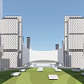 Modern Office Buildings With Two Tall Structures Connected By Bridge Front Green Lawn White Seats