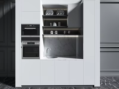 Modern White Kitchen Cabinets With Built in Appliances Marble Countertop And Lighted Shelves 3d model