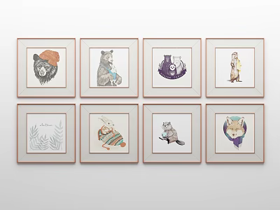 Framed Hand Drawn Animal Paintings Bear Rabbit Beaver Fox Wearing Hats Sweaters Decorative Wall Art 3d model