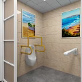 Public Restroom Interior With Tiled Walls Mirror Toilet Sink Yellow Grab Bars And Glass Partition