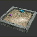 Scenic Sandpit Landscape with Square Frame Pink Block Blue Bucket Red Shovel and Sandy Surface
