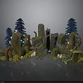 Lush Forest Scene With Rock Formations Pine Trees Glowing Mushrooms And Abandoned Car