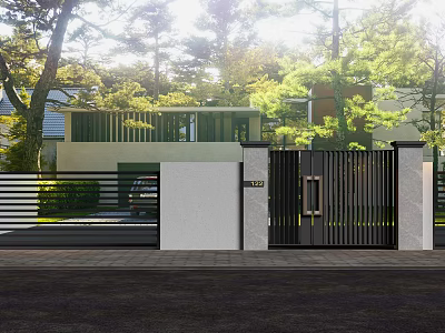 Modern Entrance Gate With Black Vertical Slats Surrounded by Trees and Residential House 3d model