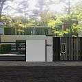 Modern Entrance Gate With Black Vertical Slats Surrounded by Trees and Residential House