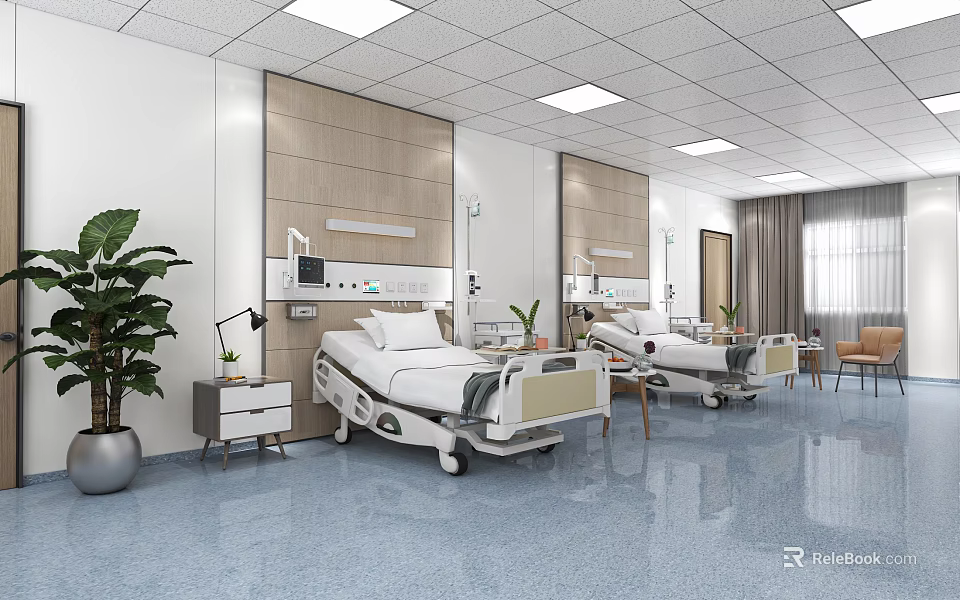 Modern Hospital Outpatient Ward Interior With Beds 3d model 