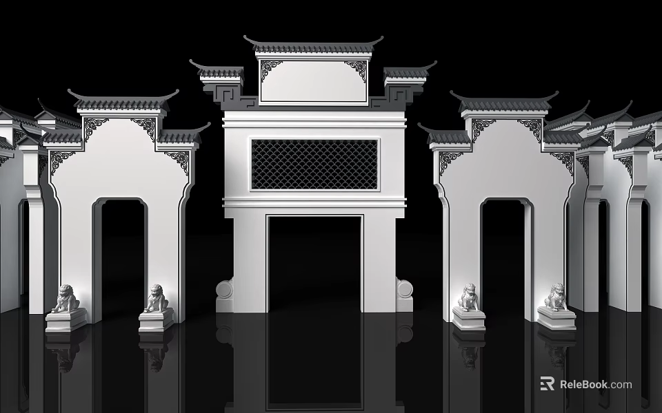 Traditional Chinese Architectural Exterior Wall with Classic Eaves Carved Grille Arched Doorways and Stone Lions 3d model 