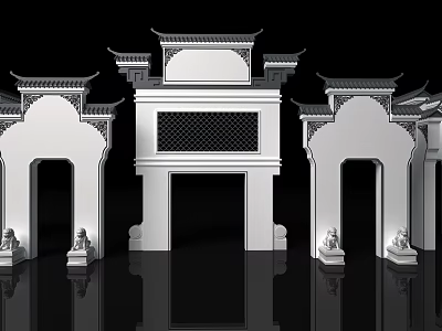 Traditional Chinese Architectural Exterior Wall with Classic Eaves Carved Grille Arched Doorways and Stone Lions 3d model