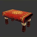 Traditional Conference Table With Red Tablecloth And Golden Decorative Patterns On Wooden Legs