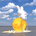 Giant White Rabbit Inflatable Standing On Yellow Moon With Blue Sky Clouds And Person Below