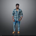 A Man In Blue And White Plaid Shirt Blue Pants Brown Shoes On Gray Background