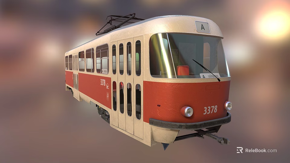 Vintage Red And Cream Tram Front View With Windshield Headlights And Number 3378 3d model 