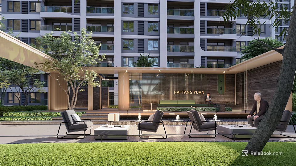 Outdoor Pergola with Comfortable Seating Greenery Water Features and Building View 3d model 