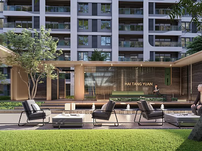 Outdoor Pergola with Comfortable Seating Greenery Water Features and Building View 3d model
