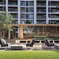Outdoor Pergola with Comfortable Seating Greenery Water Features and Building View