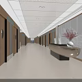 Modern Service Hall Interior Design With Reception Desk Computers Vase And Wave Pattern Wall Decor 3d model