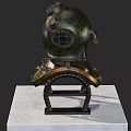 Vintage Brass Firefighting Equipment Helmet With Metal Frame Display On Marble Stand