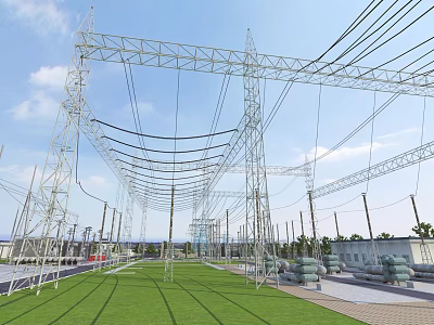 Industrial Plant With High Voltage Transmission Towers Power Lines Green Grass And Distant Facilities 3d model