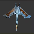 Blue Pterosaur Toy In Flying Pose With Orange Wing Patterns And Red Eyes