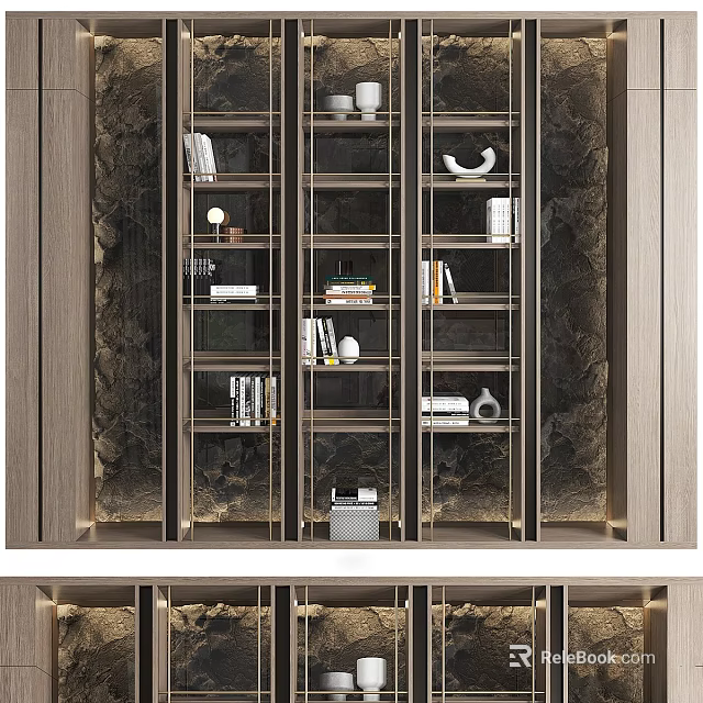 Elegant Modern Display Cabinet With Wooden Frame Metal Details Books Vases And Decorative Sculptures 3d model 